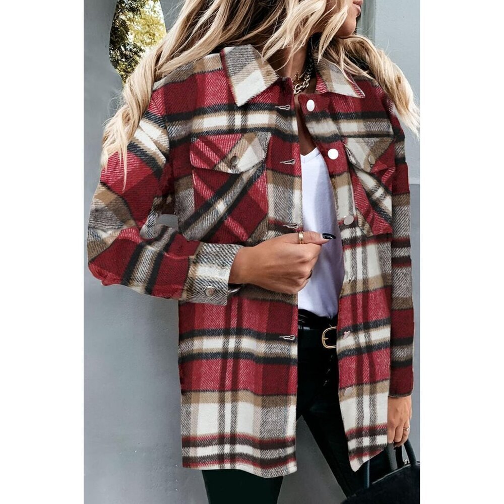 Women Red Collared V Neck Button Down Oversized Long Sleeve Shirt Top - Picture 3 of 4